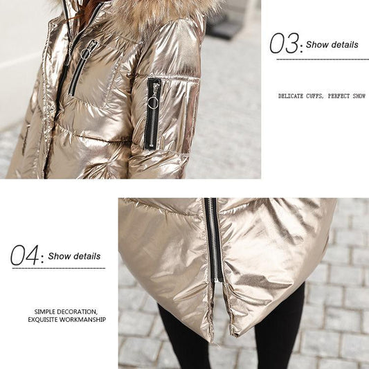 Women Mid-length Winter Duck Down Jacket Hooded Big Fox Fur Collar Puffer Coat Korean Shiny Womens Down Jackets Parka