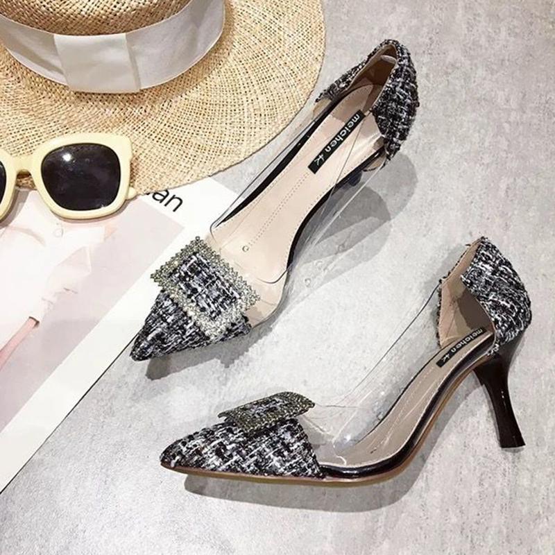 French Girl High Heels Female Stilettos Korean Version of All-match Rhinestone Transparent Pointed Toe Sexy High Heels