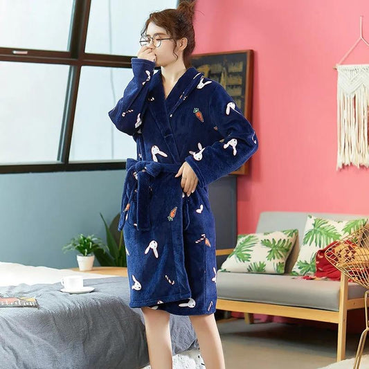 Women's Priting Nightgown Long Sleeves Bathrobe Coral Flannel Pajamas Dress Cute Cartoon Pocket Plus Velvet Thick Bathrobe with Belt