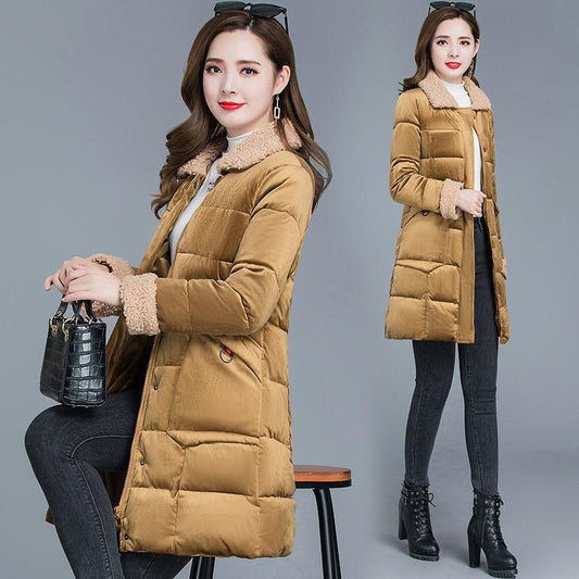 Gold Velvet Cotton-padded Jacket Women's Mid-length Winter Clothes Korean Style Down Thickening Fashion Trend Jacket