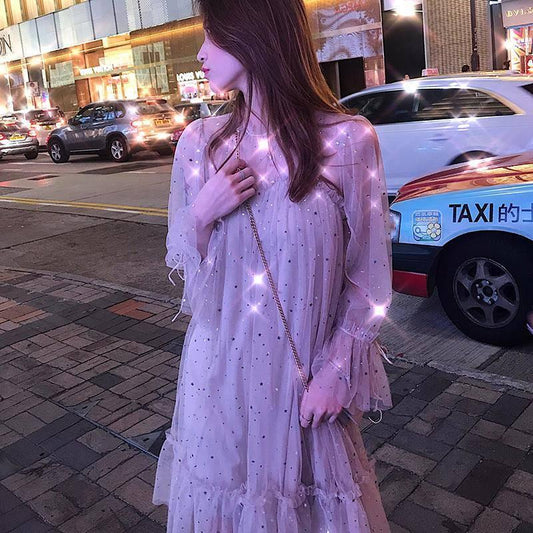 Women Sequins Mesh Dresses Shiny Long Sleeve Mesh Dresses Lady Star Sequined Tulle Princess Dress