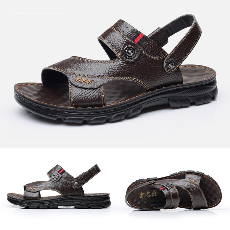 Summer Breathable Cowhide Beach Shoes Soft Sole Casual Wear Men's Sandals Leather Dual-use Sandals Slippers