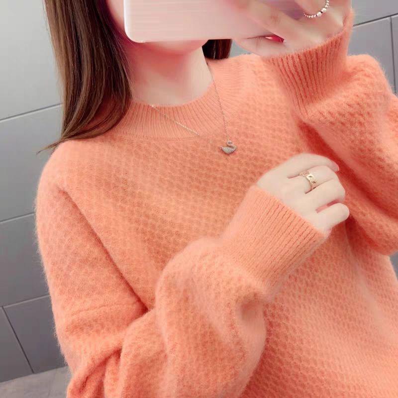 Autumn and Winter Loose Sweater Thick Korean Knit Jacket Half High Collar Casual Girl Student's Top