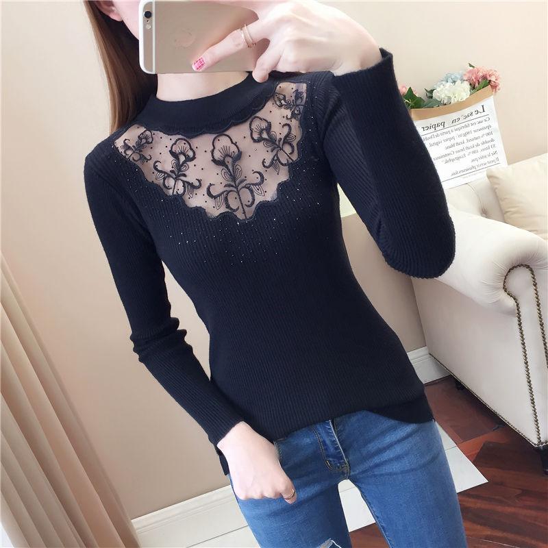 Autumn and Winter Korean Sexy Hollow Diamond-studded Sweater Women's Pullover Sweater Stretch Mesh Embroidery Lace Base Sweater