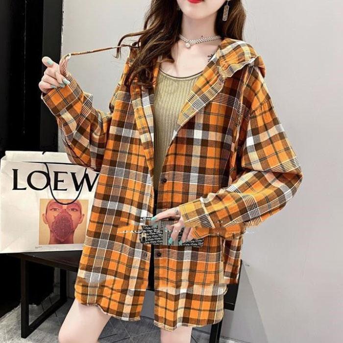 Women Plaid Shirt Retro Contrast Color Cotton Coat Casual Hooded Button Shirt for Youth