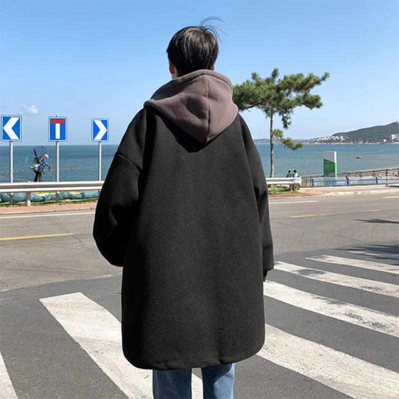 Hooded Woolen Coat Men's Winter Thickened Loose Casual Jacket Trendy Brand Handsome Mid-length Windbreaker