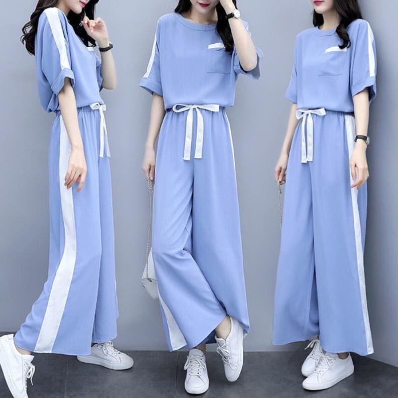 Oversized Women's Belly Cover Casual Sports Suit Women's Summer Loose Two-piece Suit Adjustable Waist Size Casual Home Wear