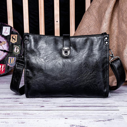 Fashion Business Briefcase Men Leather Black Dark Buckle Shaped Handbag Shoulder Bags Computer Bag