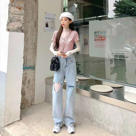 Ripped Jeans Women's Summer High-waisted Pants Korean Style Loose and Thin Straight-leg Pants