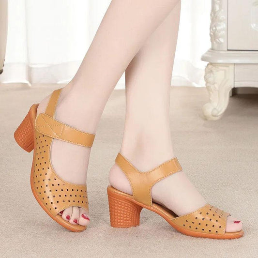 Women's High Heel Soft Sole Sandals Hollow Velcro Sandal Summer Fish Mouth Shoes Heel Sandals Solid Color Simple Temperament Edge Sandals