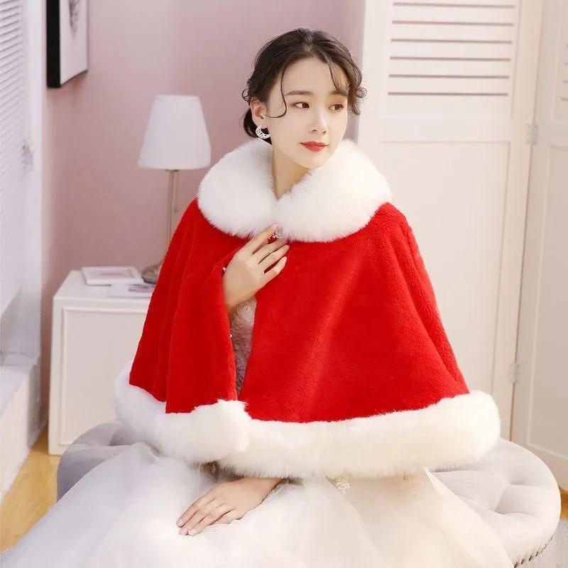 Women's Winter Faux Mink Fox Fur Shawl Mid-length Hooded Cloak Fur Coat Warm Plush Faux Fur Wrap Cloak Windproof Fur Coat Oversize Mantle Shawl