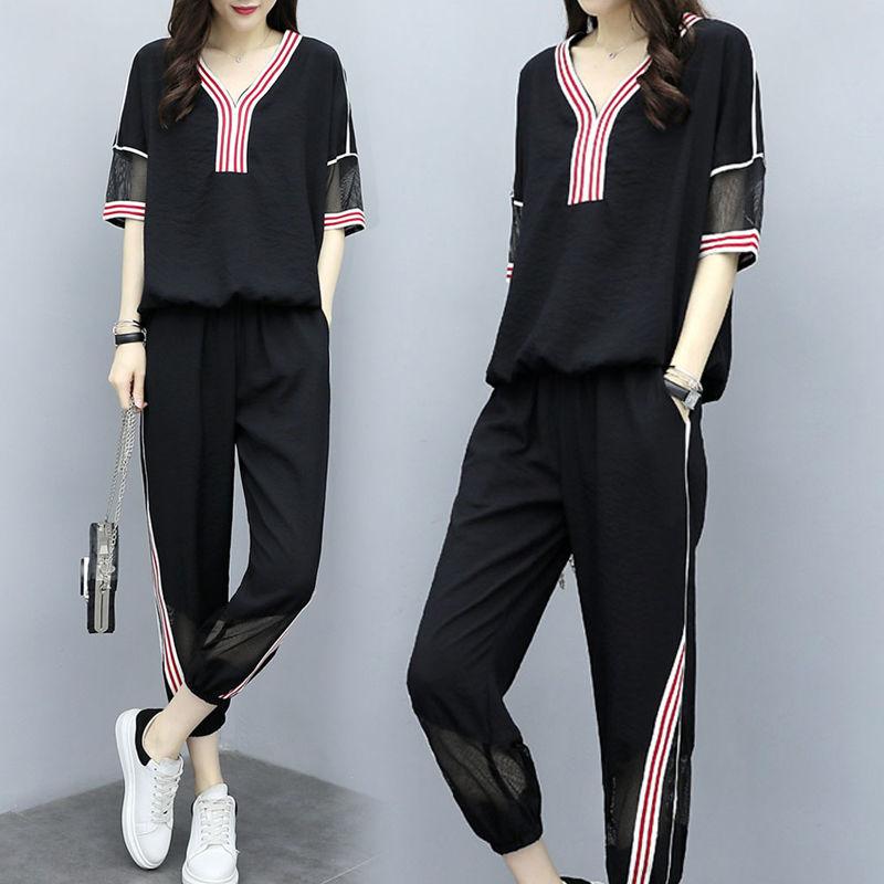 Casual Sports Suit Women's Loose Round Neck Short-sleeved Top + Loose Casual Sports Pants Two-piece Sports Suit Fabric Is Soft Light and Breathable