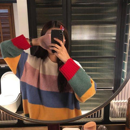 Rainbow Striped Sweaters Women Jumpers Knitted  Round Neck Loose Pullover Long Sleeve Knit Sweater Autumn Winter Female