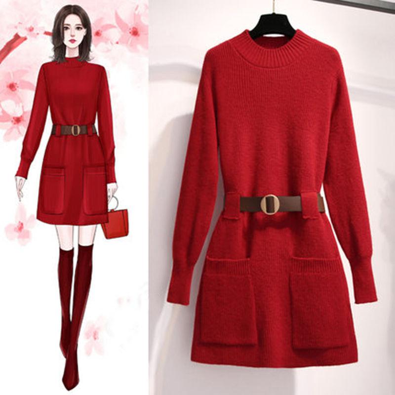 Korean Style Loose Outer Wear Mid-length Sweater Women Waist Slim Half Turtleneck Long Sleeve Autumn  Winter Base Sweater Dress