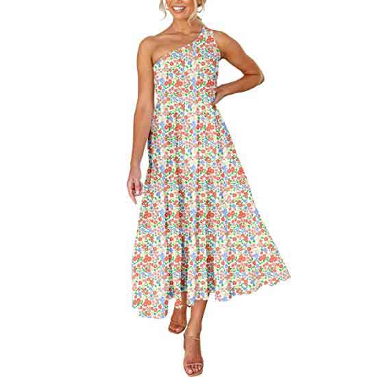 Dress Women Summer Print Boho One Shoulder Sleeveless Dress