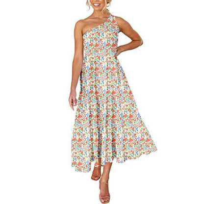 Dress Women Summer Print Boho One Shoulder Sleeveless Dress