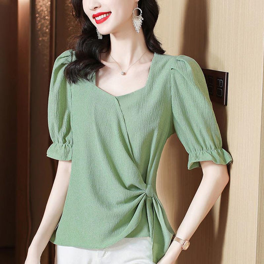 Large Size Shirt Women's Summer French Fashion Loose Square Collar All-match Short-sleeved Top