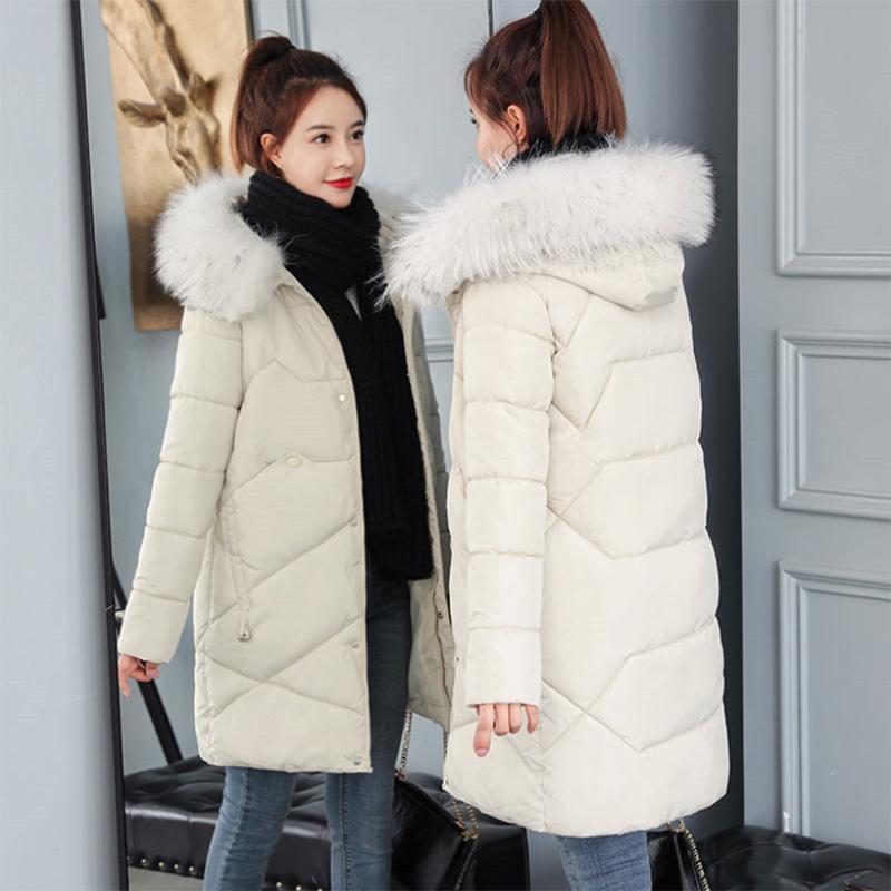 Women's Solid Color Down Jacket Mid-length Korean Loose Thick Coat Warm Cotton Coat Big Fur Collar Winter Clothes Quilted Coat