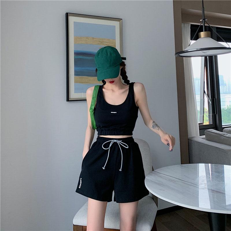 2PCS Summer Women's Sports Suit Vest T-shirt + Loose Drawstring Shorts Two-piece Set Fitness Running Jogging Suit Casual Workout Clothes Set