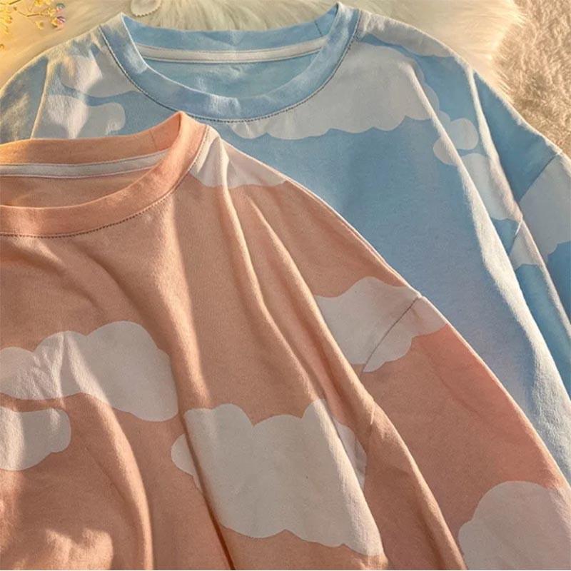 Cloud Print T-shirt Top Fresh Neutral Style Short-sleeved Korean Loose Clothes Trendy