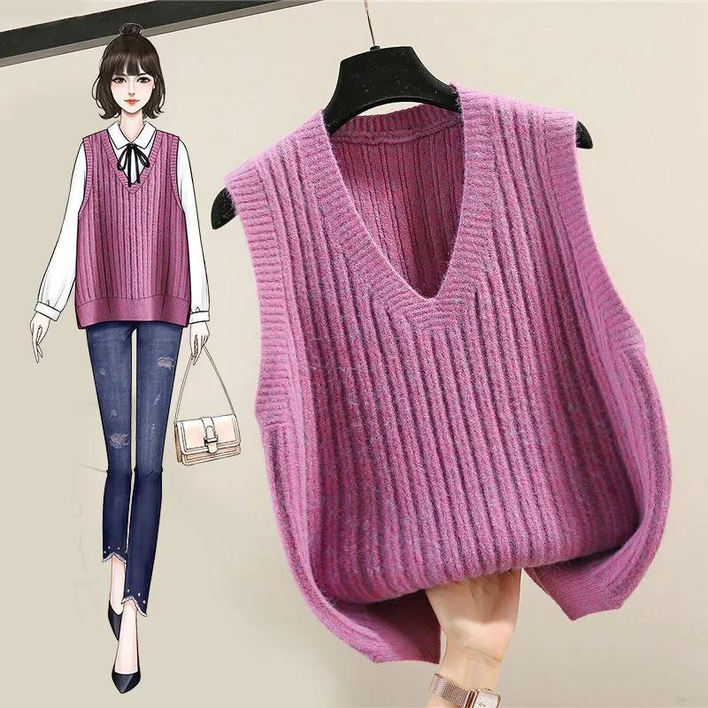 Spring Wool Knit Sweater Women's Pullover V-neck Loose Waistcoat Solid Color Short Sweater Vest