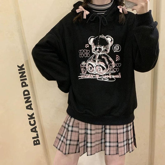 Hoodies Sweatshirts Women Graffiti Printed Fashion Streetwear Harajuku Pullovers Tops Black Fall Winter Thick Fleece Oversized Anime Hoodies