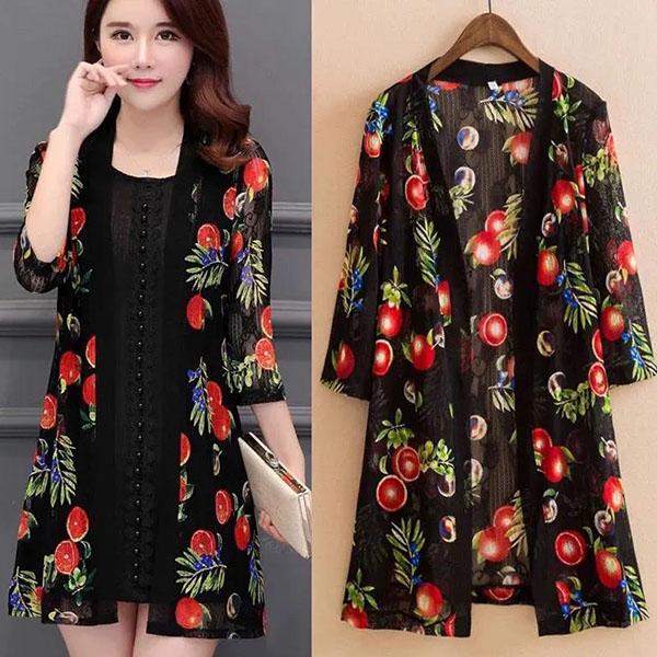 M-5XL Women's Spring and Summer Plus Size Lace Cardigan Female Printed Mid-length Shawl Slim Hollow-carved Design Thin Coat