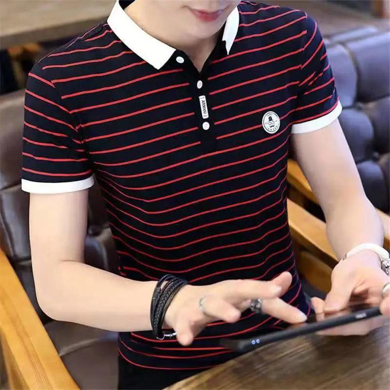 Summer Men's Short-sleeved T-shirt Korean Version of The Lapel POLO Shirt Striped Half-sleeved Youth Bottoming Shirt Handsome Top