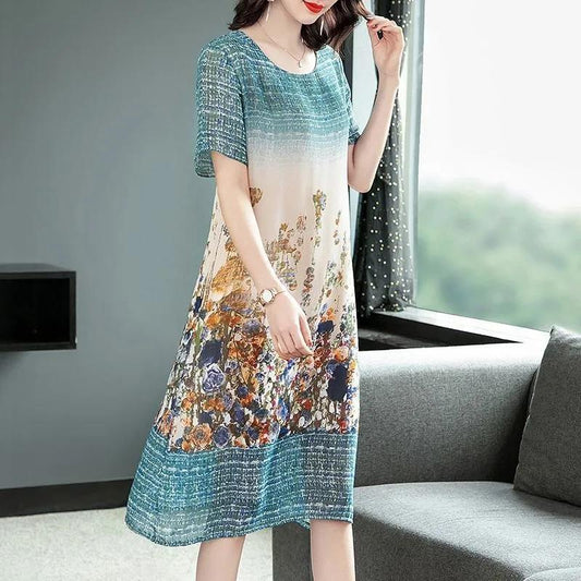 Skirt Short-sleeved Female Temperament Ladies Dress Slim Mid-length Dress Loose Mid-length Casual Straight Dress Light and Breathable