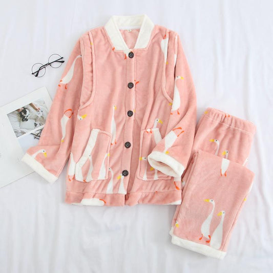 Autumn Winter Flannel Pajamas Suits Thick Warm Velvet Sleepwear Set Coral Fleece Cartoon Cute Home Wear Loose Casual Front Button V Neck Long Sleeve