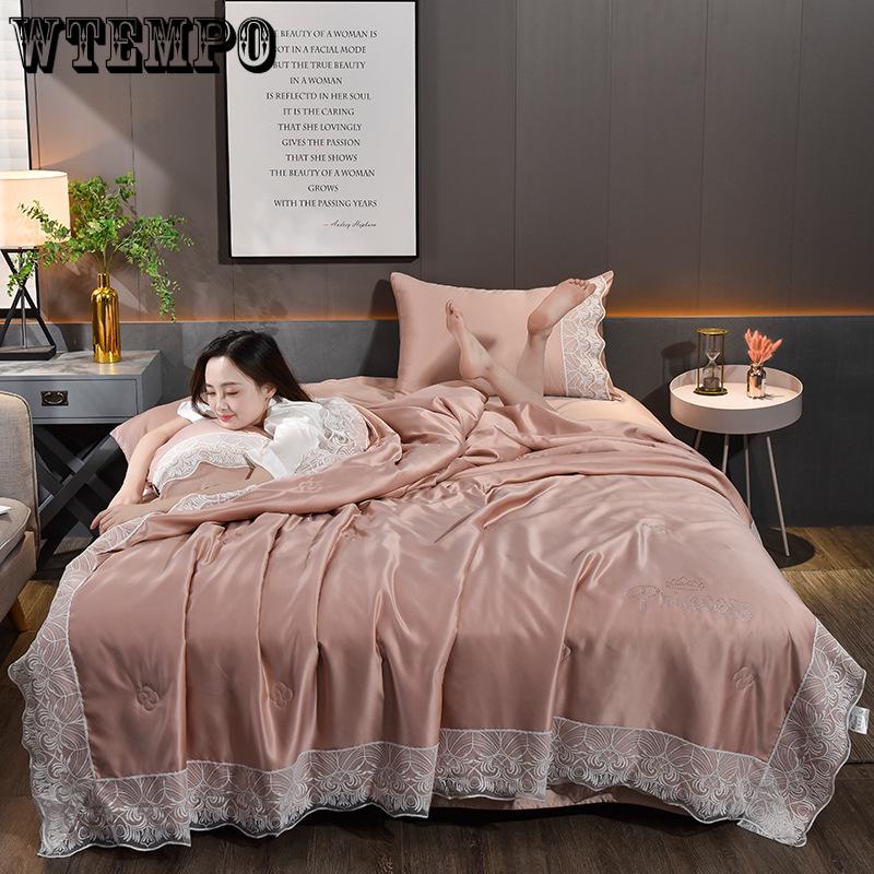 3 Pcs Set Quilt Cover Ice Silk Simulation Silk Solid Color Silk Lace Pillowcase