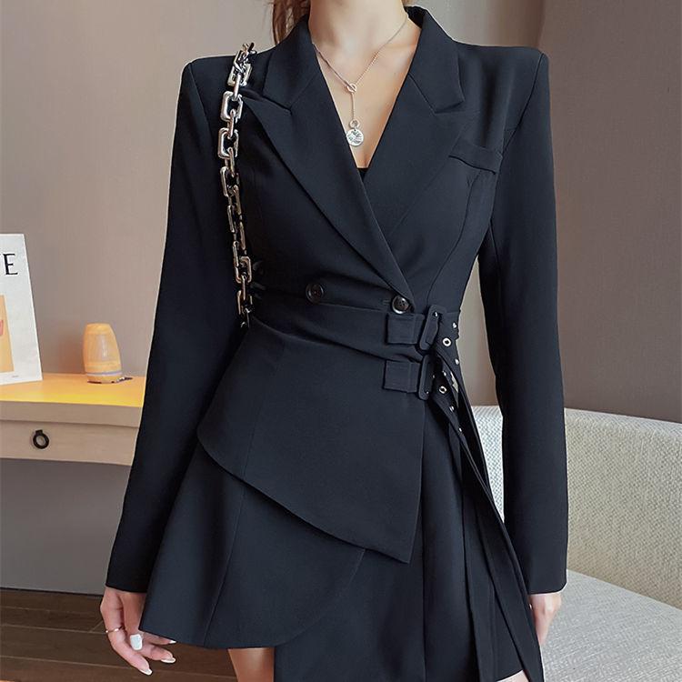 Temperament Fake Two-piece Lace-up Waist Slim Personality Suit Dress Female Autumn Korean Style Long Sleeves