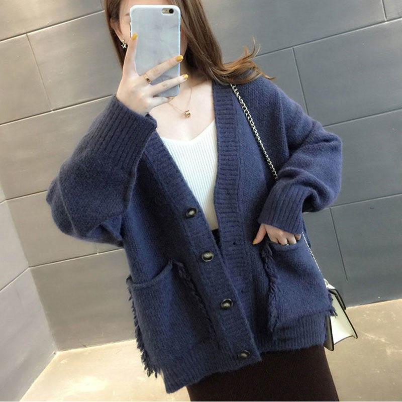 Women's Loose Knit Cardigan Spring and Autumn V-neck Blouse Wear All-match Tassel Sweater Coat