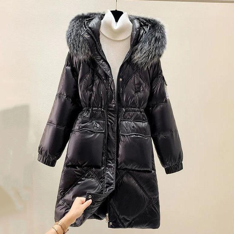 Female Winter Thickened Mid-length Hooded Down Padded Coat Women's Large Size Loose Shiny Wash-free Padded Jacket