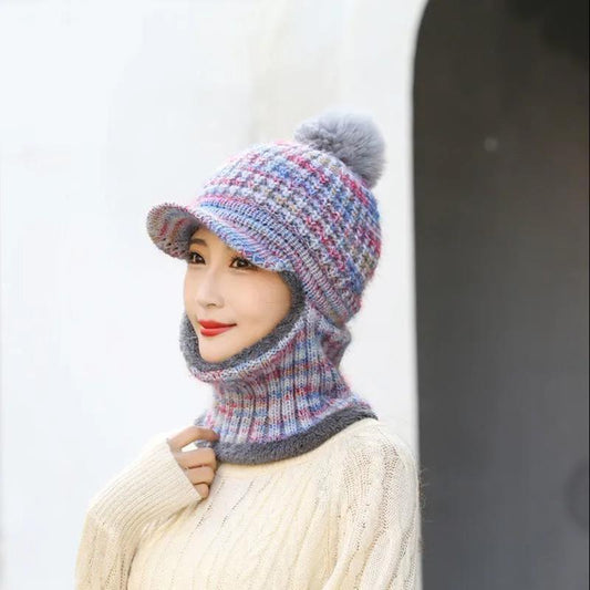 Women's Hat Bib One Piece Autumn and Winter Plus Velvet Knit Hat Cycling Windproof Warm Fur Ball Hooded Cap Neck Sleeve Woolen Scarf Cap Set