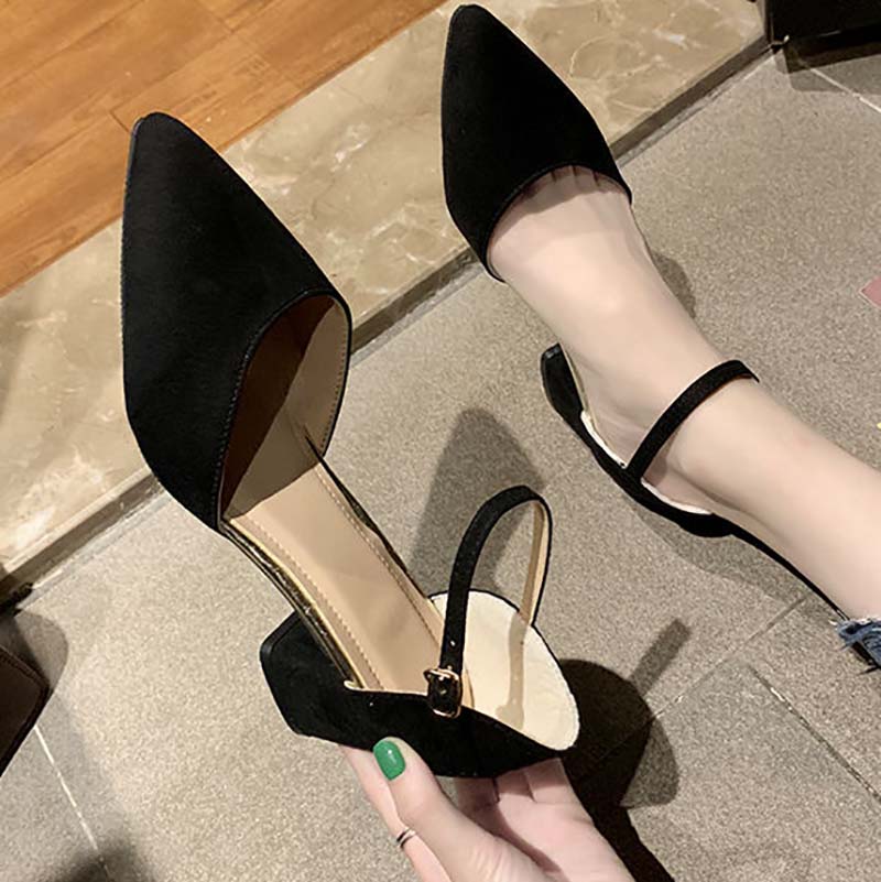 Shoes Female Students Korean Style Single Shoes Female Summer Wild Mid-heel Pointed Toe Buckle Thick Heel High-heeled Shoes Female Sandals