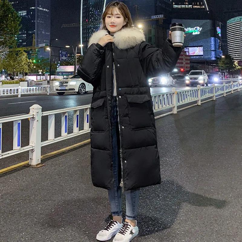 Down Jacket Winter Ladies Fashion Korean Big Fur Collar Thick Warm Hooded Mid-length Plus Size Cotton Jacket