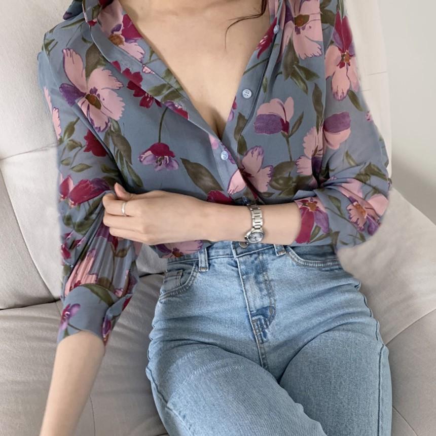 Fashion Women Shirt Floral Printed Blouses Chiffon Blouse Korea Tops Casual V-neck Long Sleeve Ladies Shirt