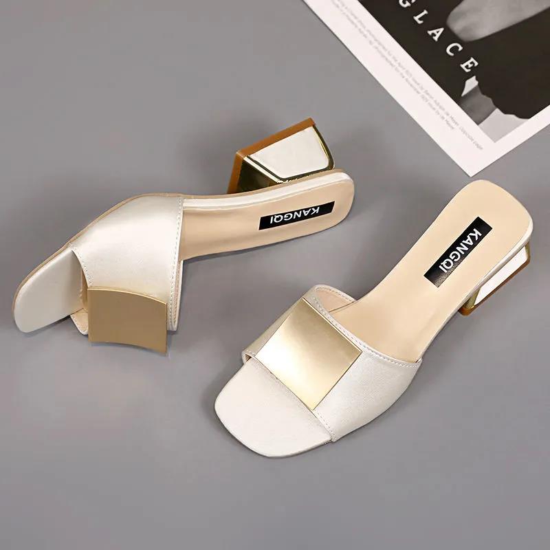 Slippers Women Are Thin Korean Version of All-match Summer Outer Wear Thick Heel Square Buckle Open Toe High Heel Sandals and Slippers