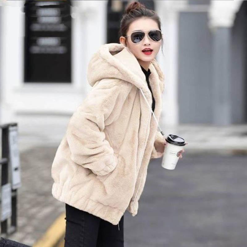 Plus Velvet Padded Faux Rabbit Fur Hooded Mid-length Loose Long-sleeved Jacket Women