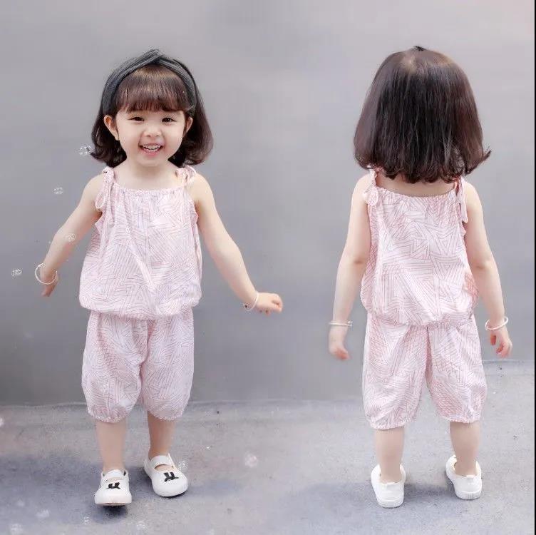 Children's Suit Summer Thin Korean Style Loose Print Geometry Girls Suspender Shorts Ventilation Two Piece Set