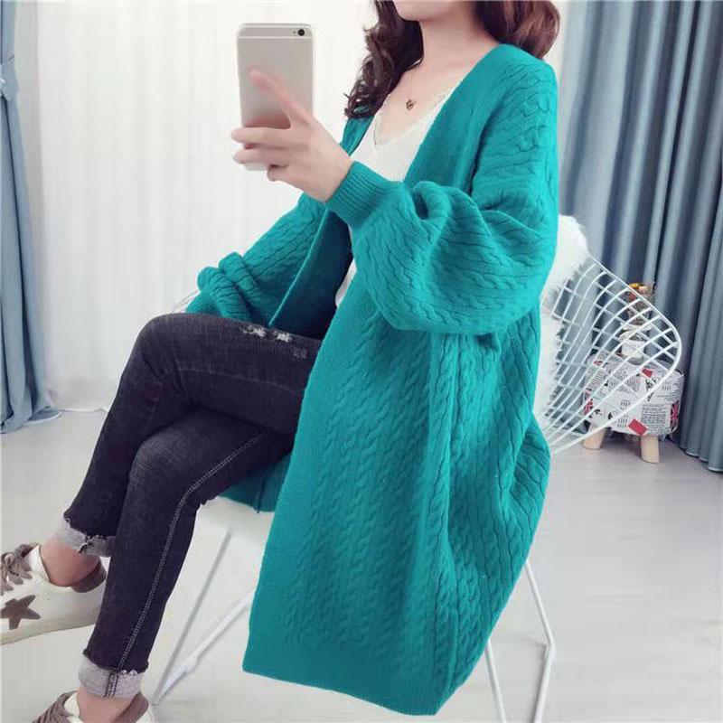 Autumn and Winter Casual Thick Sweater Knitted Cardigan Loose Top Mid-length Solid Color Women's Jacket