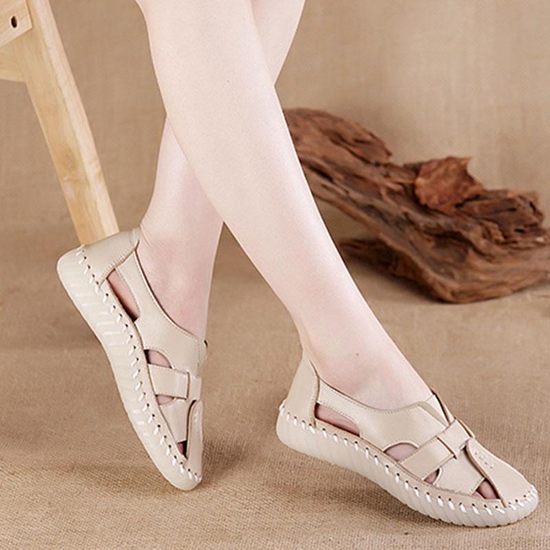 Plus Size 35-43 Summer Retro Women Hole leather Sandals High Heels Breathable Wear-resistant Sandals