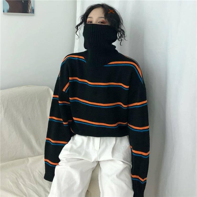 Pofulove Autumn Winter Korean Turtleneck Sweater Women Loose Student Stripes bf Wild ins Sweater