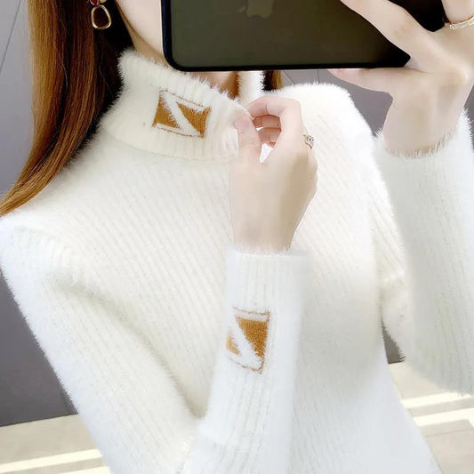 Autumn and Winter Turtleneck Sweater Letter Jacquard Tight-fitting Slimming Knitted Temperament Bottoming Shirt