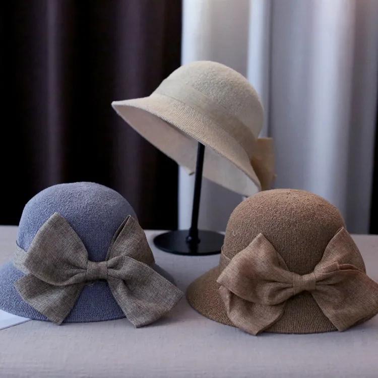 Bow Knot Fisherman Hat Women's Spring Summer Cotton Linen Pot Hat Sun Hat All-match Foldable Sun Hat