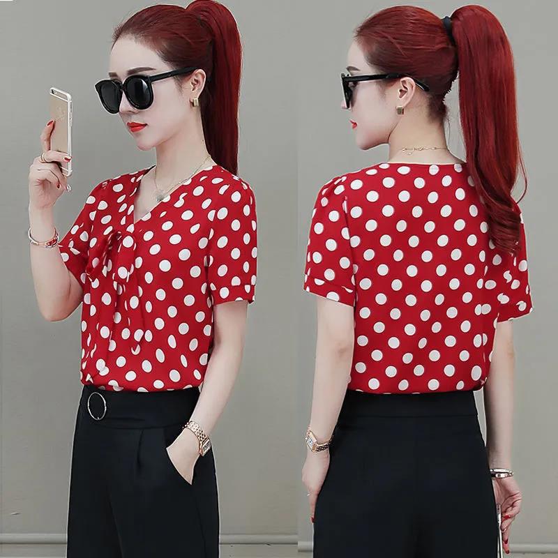 Chiffon Shirt Women's Short-sleeved Loose Top Cover Belly Shirt Shirt Black and White Polka Dot Chiffon Shirt Temperament Elegant Lady Style