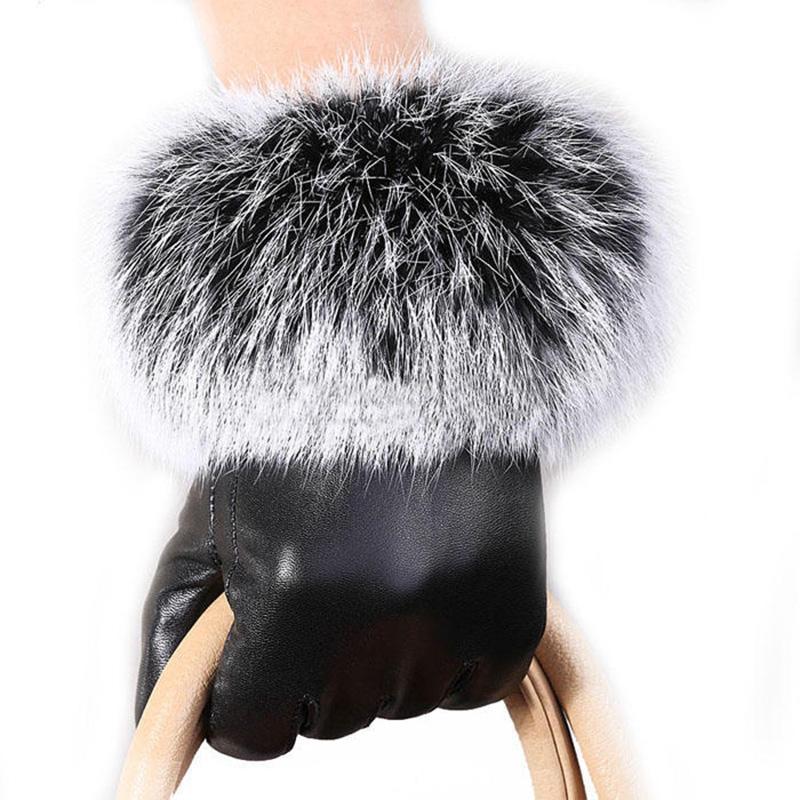 Women Lady Black Leather Gloves Autumn Winter Warm Rabbit Fur Mittens Worldmart