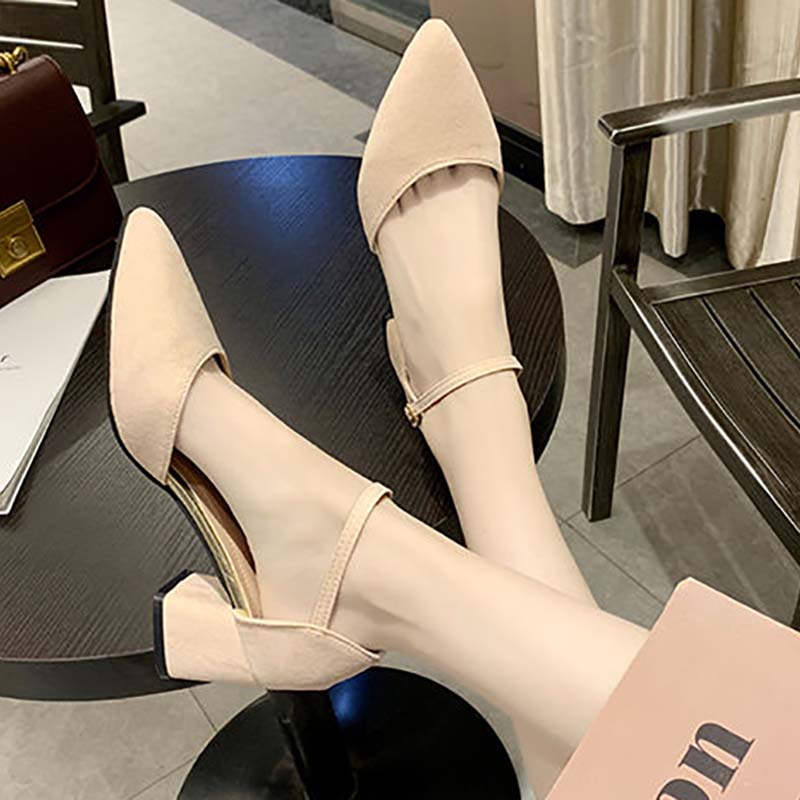 Shoes Female Students Korean Style Single Shoes Female Summer Wild Mid-heel Pointed Toe Buckle Thick Heel High-heeled Shoes Female Sandals