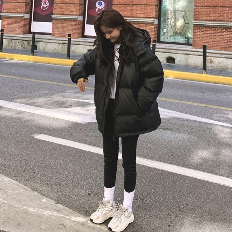 Cotton Clothes Women's Winter Korean Version of Loose Oversize Hooded Thick Short PU Leather Coat Jacket